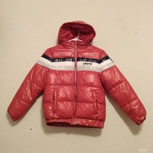 Levi Strauss & Co Red White Nylon Zip Pockets Hood Puffer Short Jacket sz L
